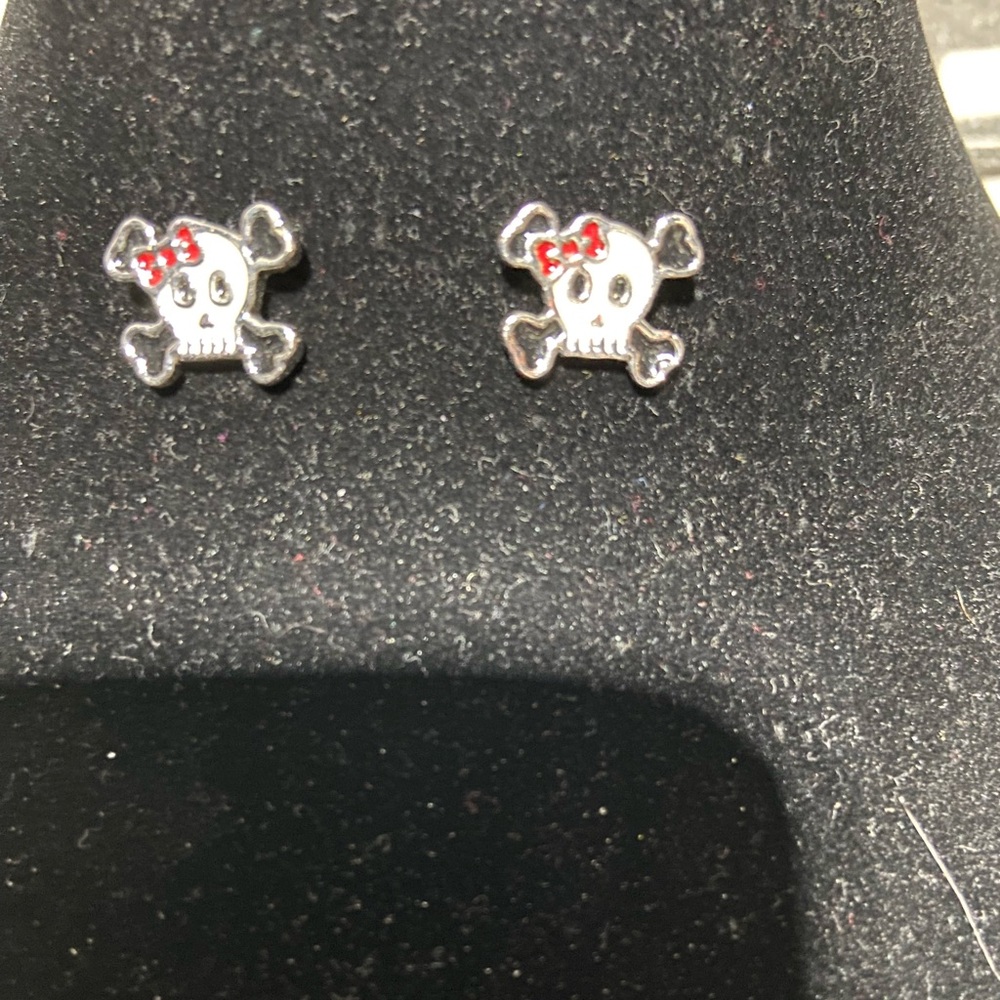 She Skull and Crossbones Silver Tone and Enamel Pierced Earring Studs